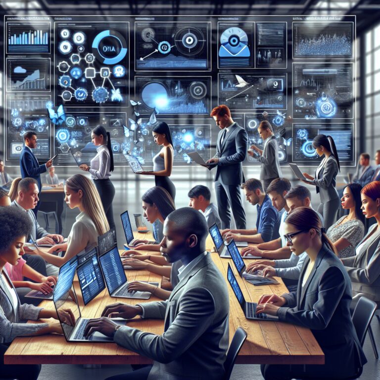 Alt text: Diverse professionals in busy office, using laptops for social media automation.