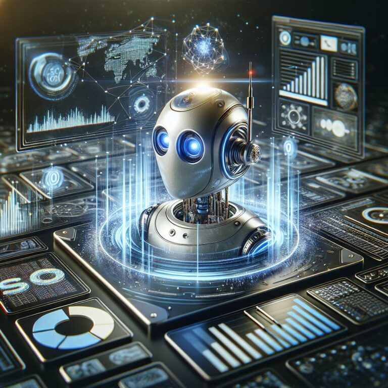 Futuristic chatbot meets SEO dashboard in hyperrealistic digital art.
