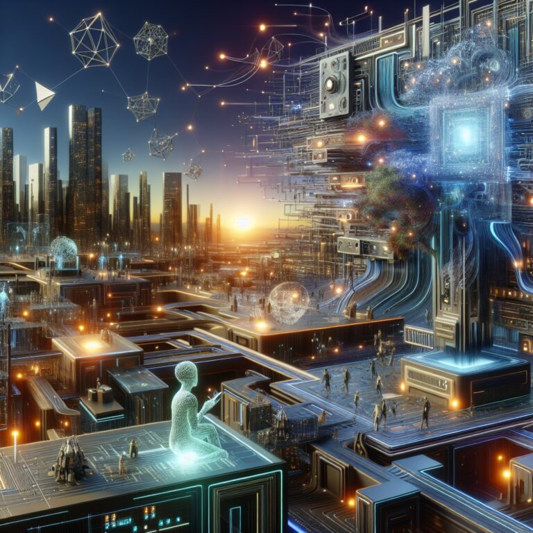 Alt text: A hyperrealistic depiction of AI system in futuristic digital landscape creating text prompts.